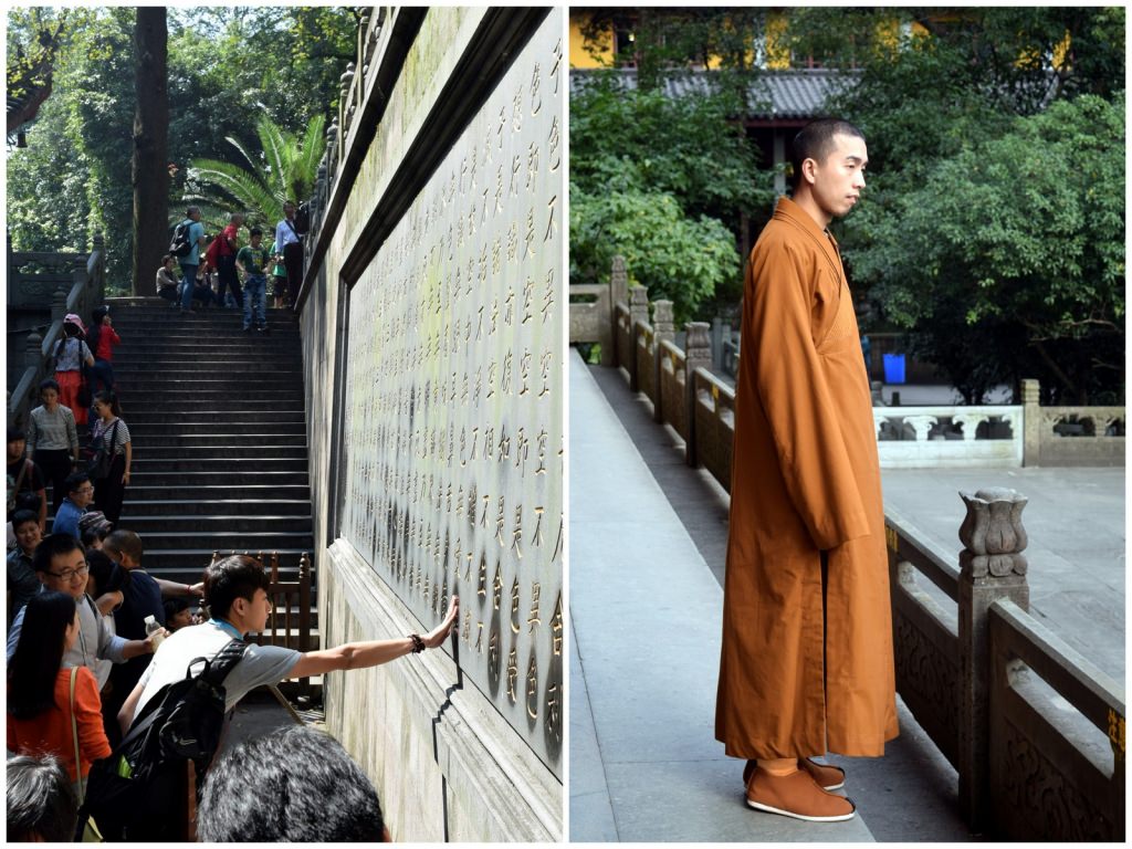 מקדש לינגיין - פעיל עד היום. מימין: נזיר במקדש; משמאל: מאמין משפשף את הקיר למזל טוב (צילום: טל ניצן)
